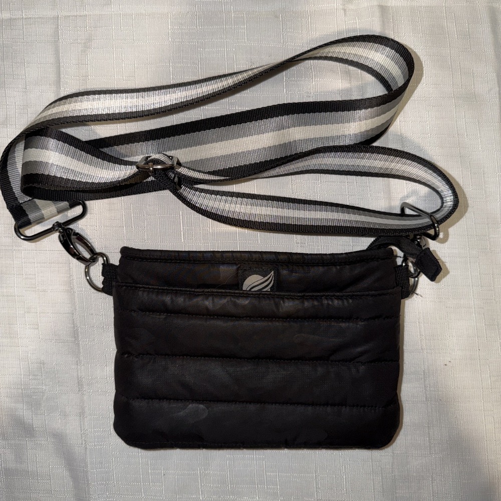 Think Royln Crossbody Bag Black Camo Quilted Puffer Striped Strap Purse